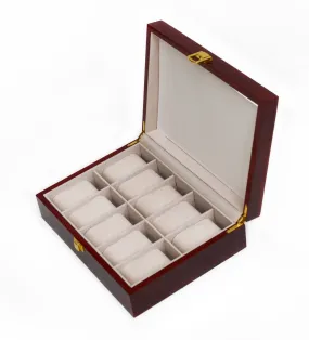 10-Grid Wooden Watch Case with Glass Top & Velvet Lining