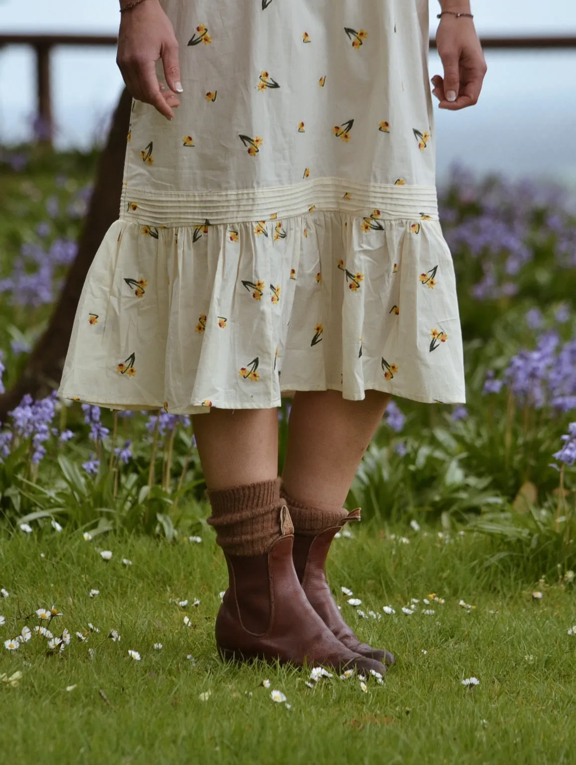 100% RECYCLED COTTON - ALICE DRESS - EMBROIDERED DAFFODIL