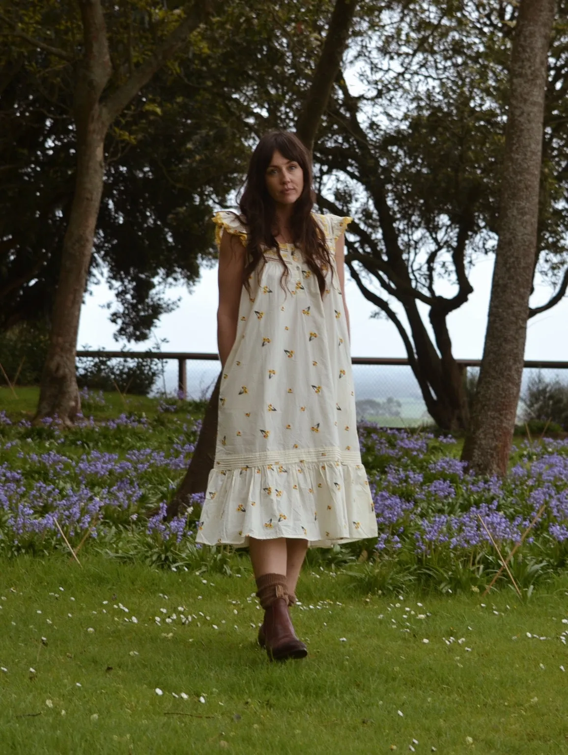 100% RECYCLED COTTON - ALICE DRESS - EMBROIDERED DAFFODIL