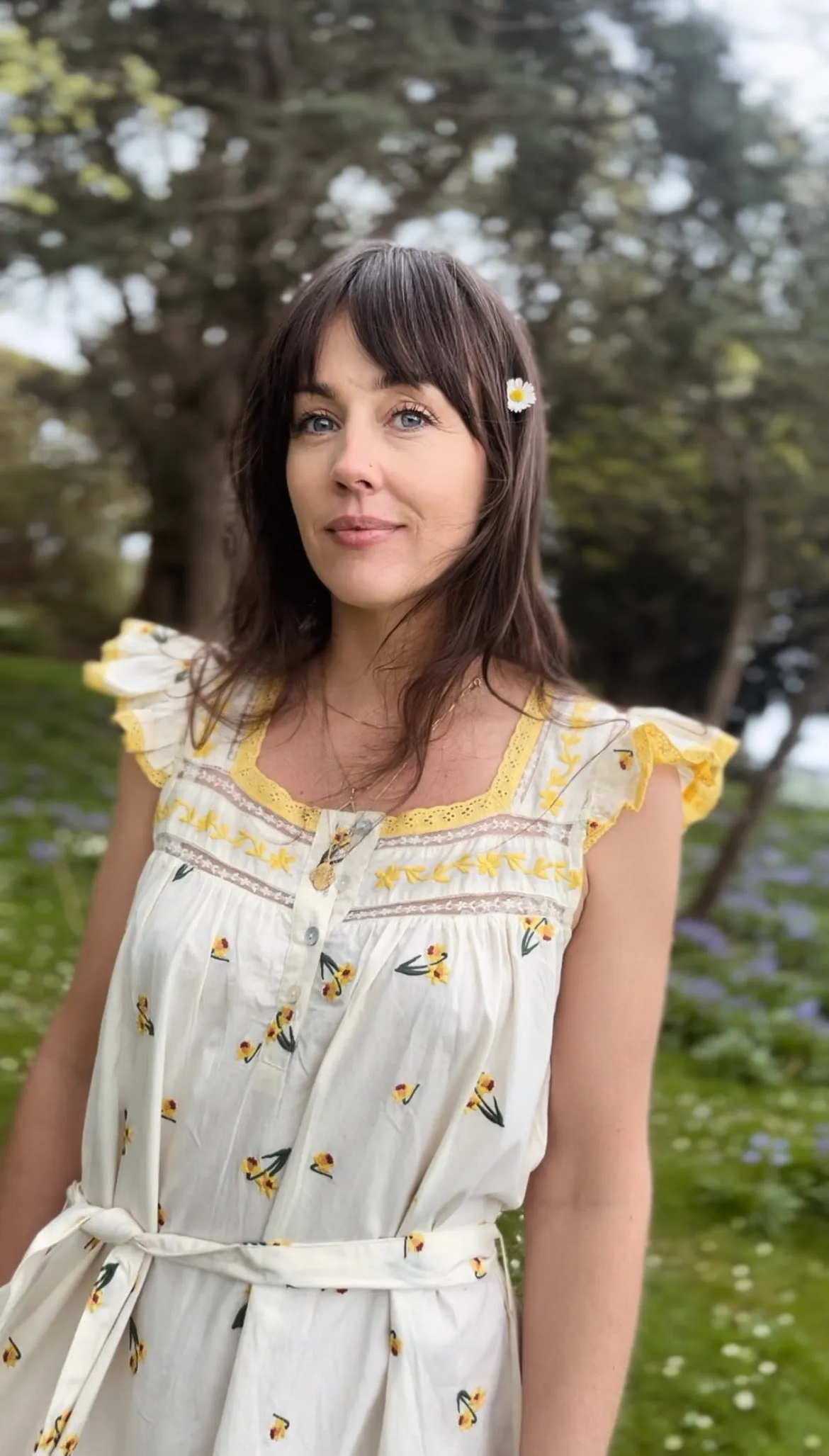 100% RECYCLED COTTON - ALICE DRESS - EMBROIDERED DAFFODIL