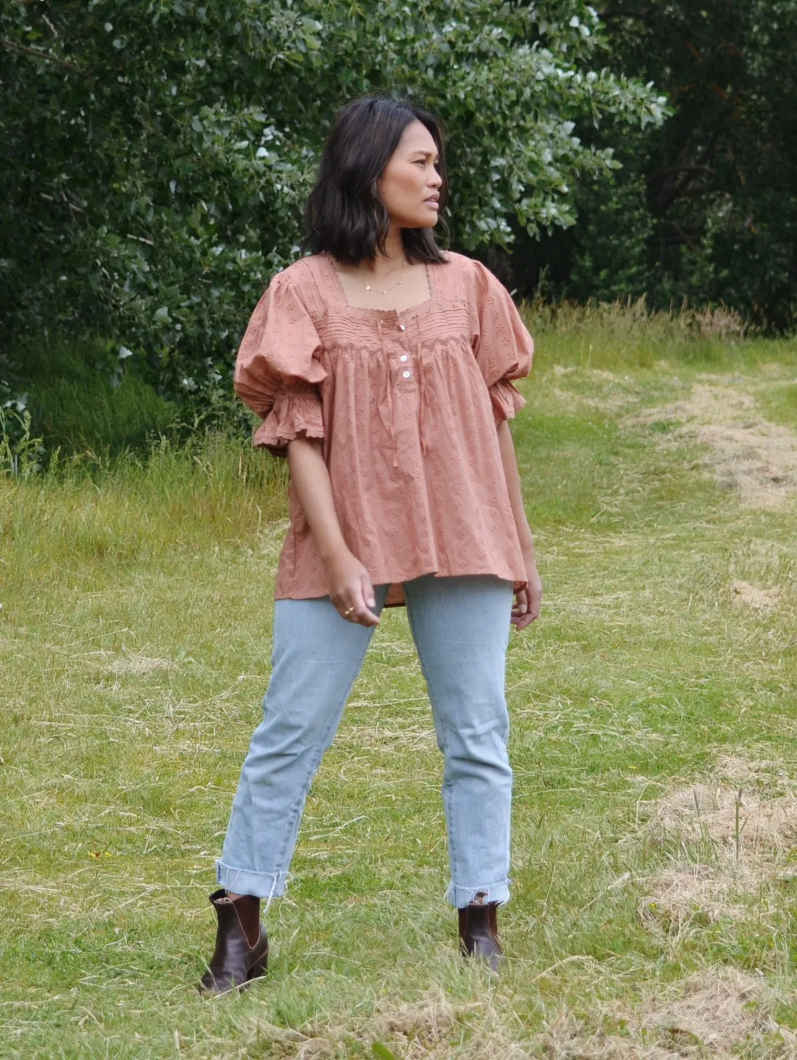 100% RECYCLED COTTON - MORNING SONG HAND SMOCKED BLOUSE ANTIQUE BROWN