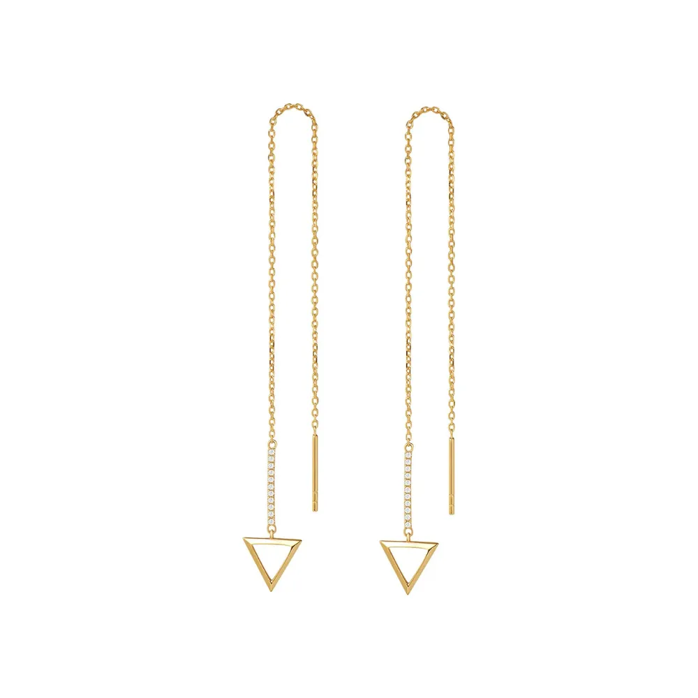 14K Yellow Gold Threader Earrings with Triangle Shape 0.066 CTTW White Diamonds Dainty Long Drop Earrings