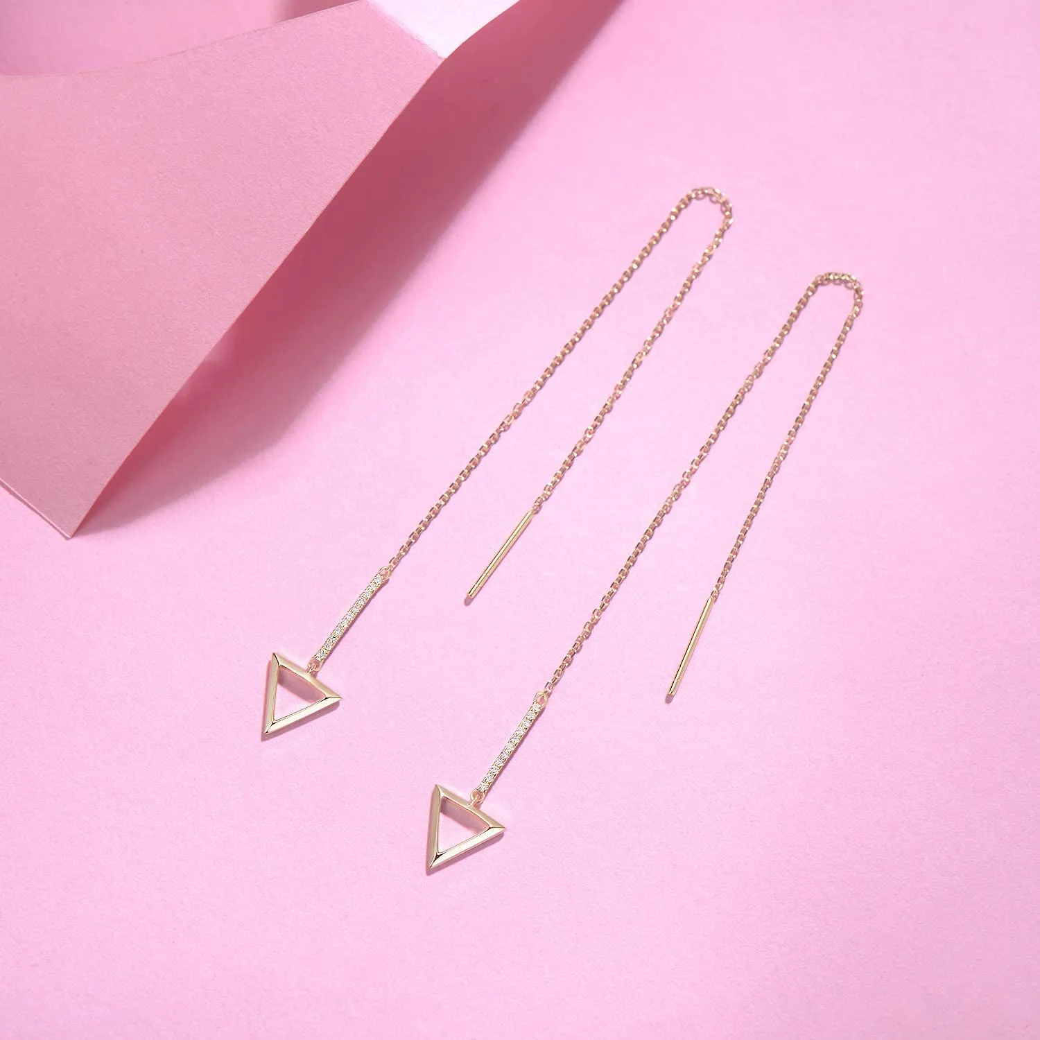 14K Yellow Gold Threader Earrings with Triangle Shape 0.066 CTTW White Diamonds Dainty Long Drop Earrings