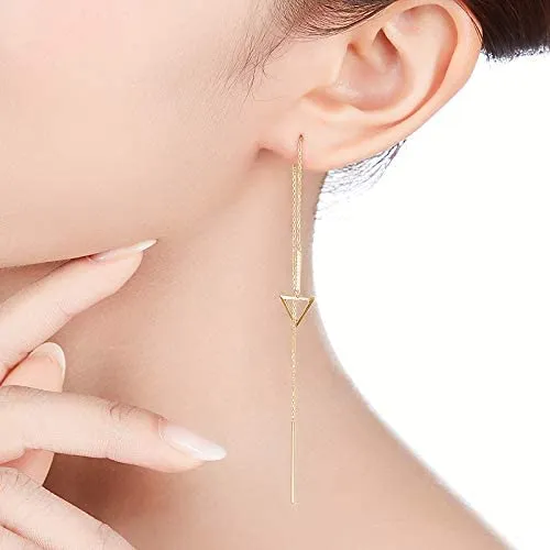 14K Yellow Gold Threader Earrings with Triangle Shape 0.066 CTTW White Diamonds Dainty Long Drop Earrings