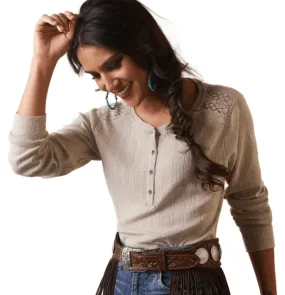 Ariat Women's REAL Pointelle Oatmeal Heather Henley Long Sleeve Shirt 10043415