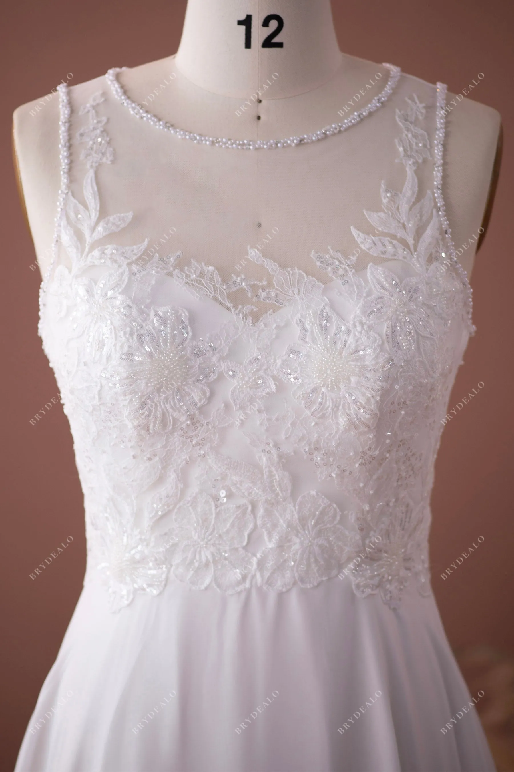 Beaded Illusion Neck Lace Chiffon Spring Wedding Dress