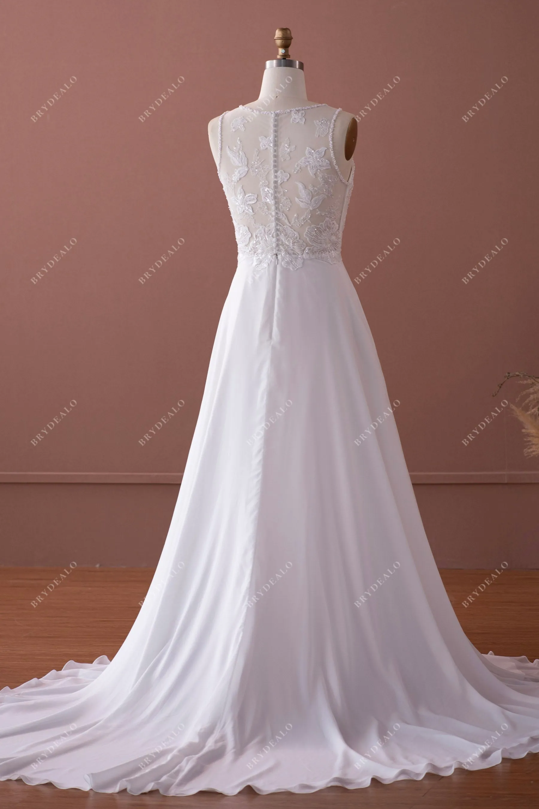 Beaded Illusion Neck Lace Chiffon Spring Wedding Dress