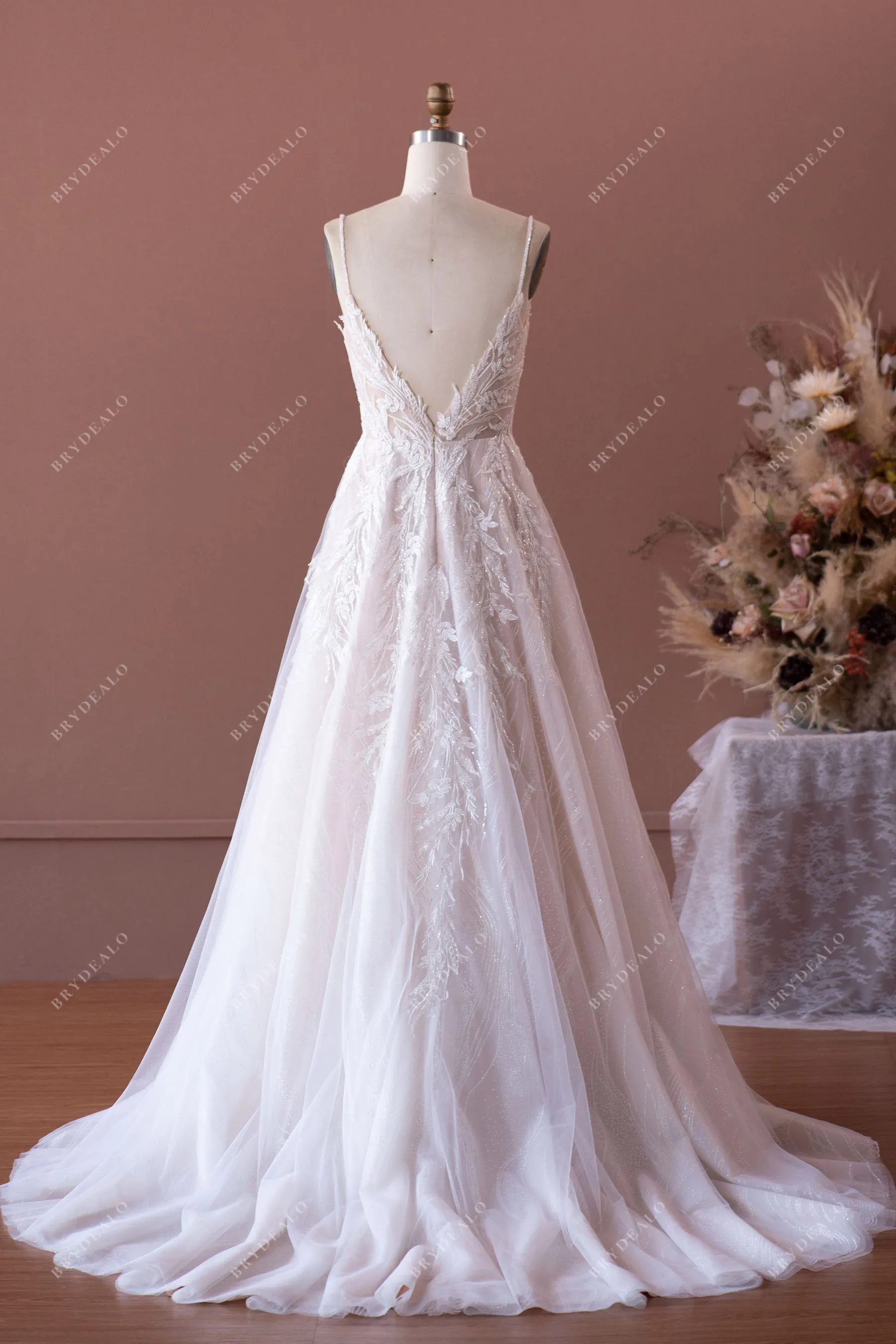 Beaded Strap Plunging Shimmery Lace A-line Wedding Dress