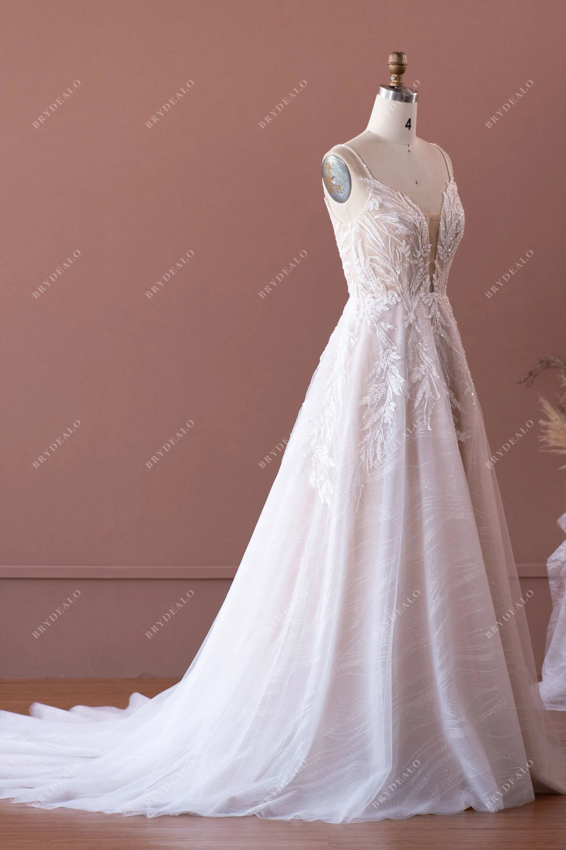 Beaded Strap Plunging Shimmery Lace A-line Wedding Dress