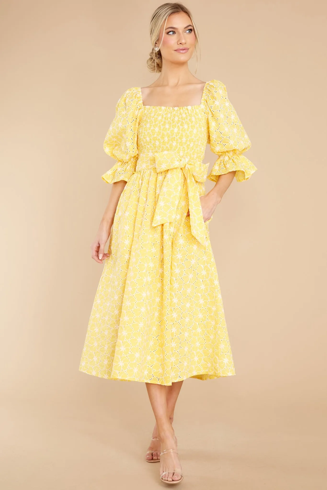 Beautiful Glow Yellow Floral Eyelet Dress