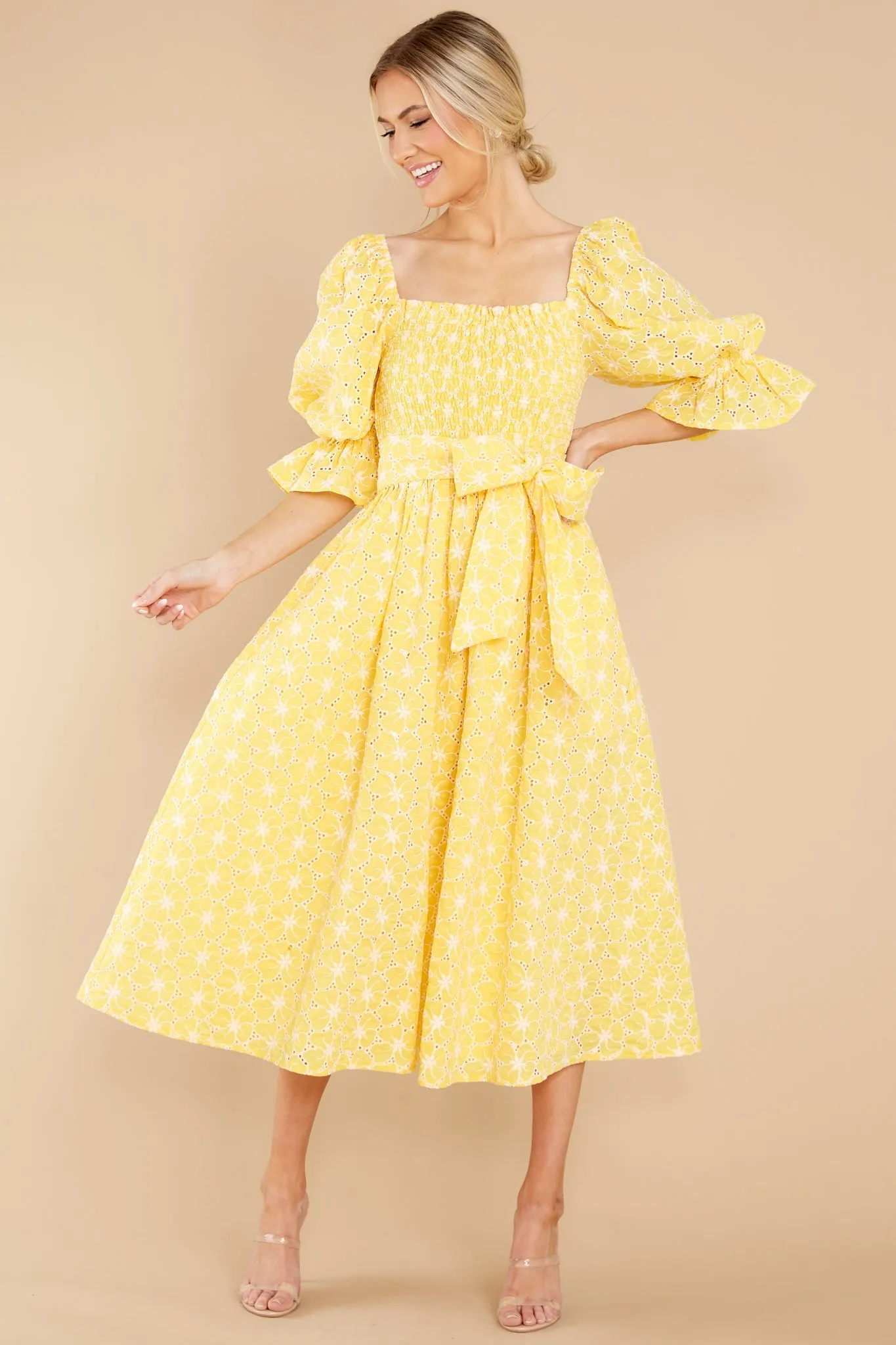 Beautiful Glow Yellow Floral Eyelet Dress