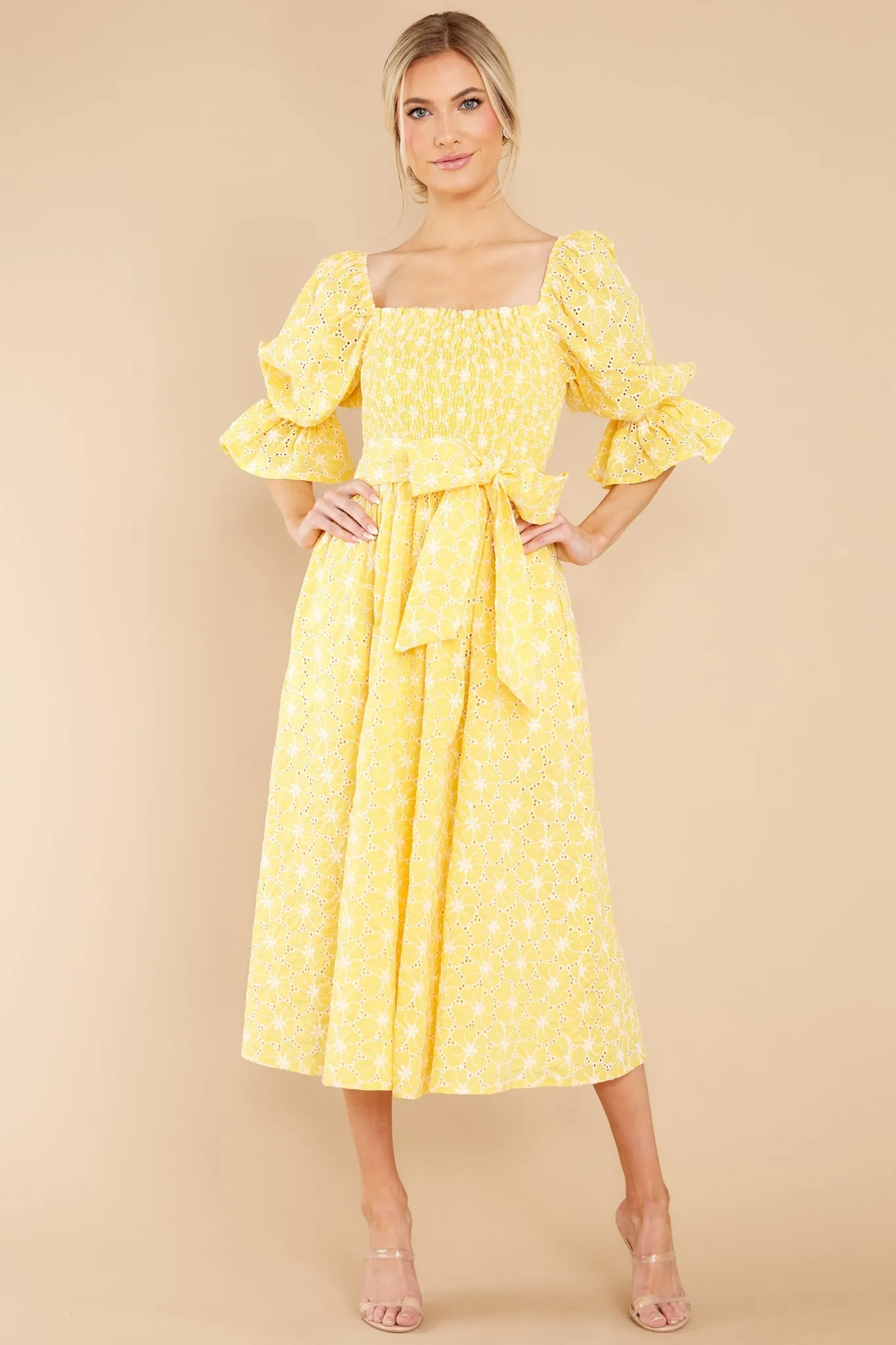 Beautiful Glow Yellow Floral Eyelet Dress