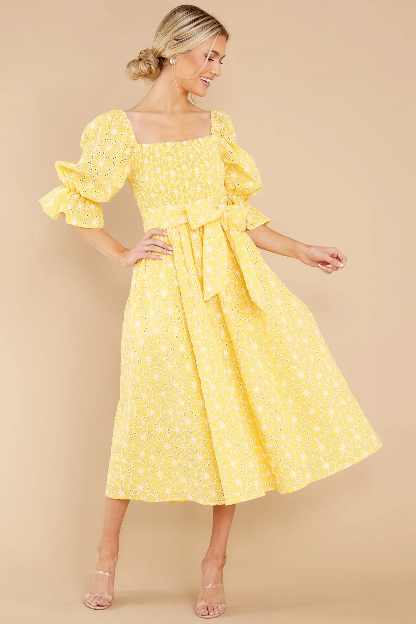 Beautiful Glow Yellow Floral Eyelet Dress