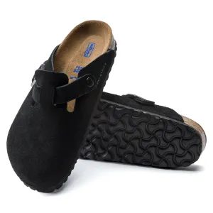 Birkenstock Boston Suede Leather Soft Footbed Color: Black (MEDIUM/NARROW WIDTH)