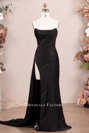 Black Strapless Curve Neck Jersey Satin Prom Evening Dress