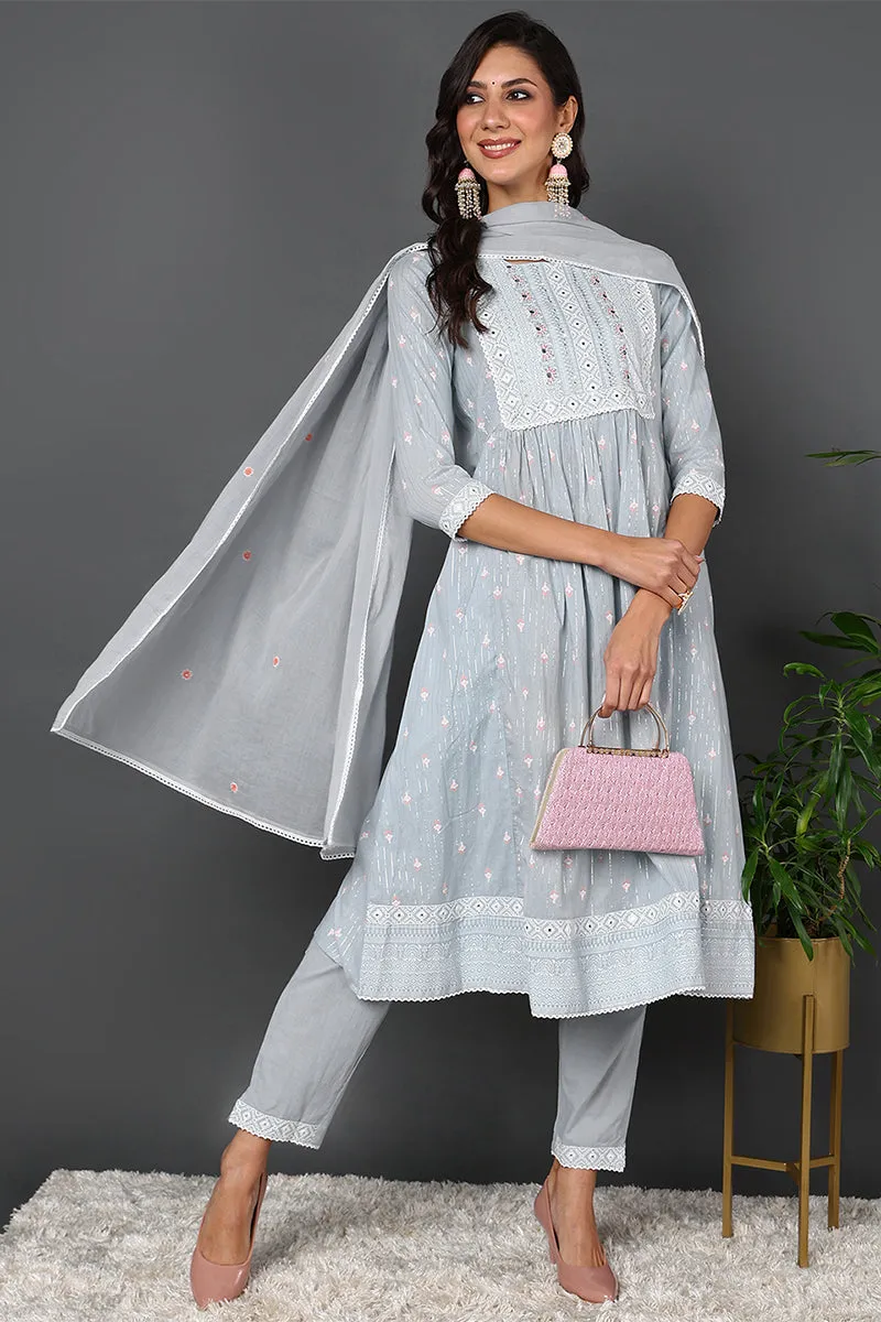 Blue Pure Cotton Ethnic Motifs Printed Anarkali Suit Set