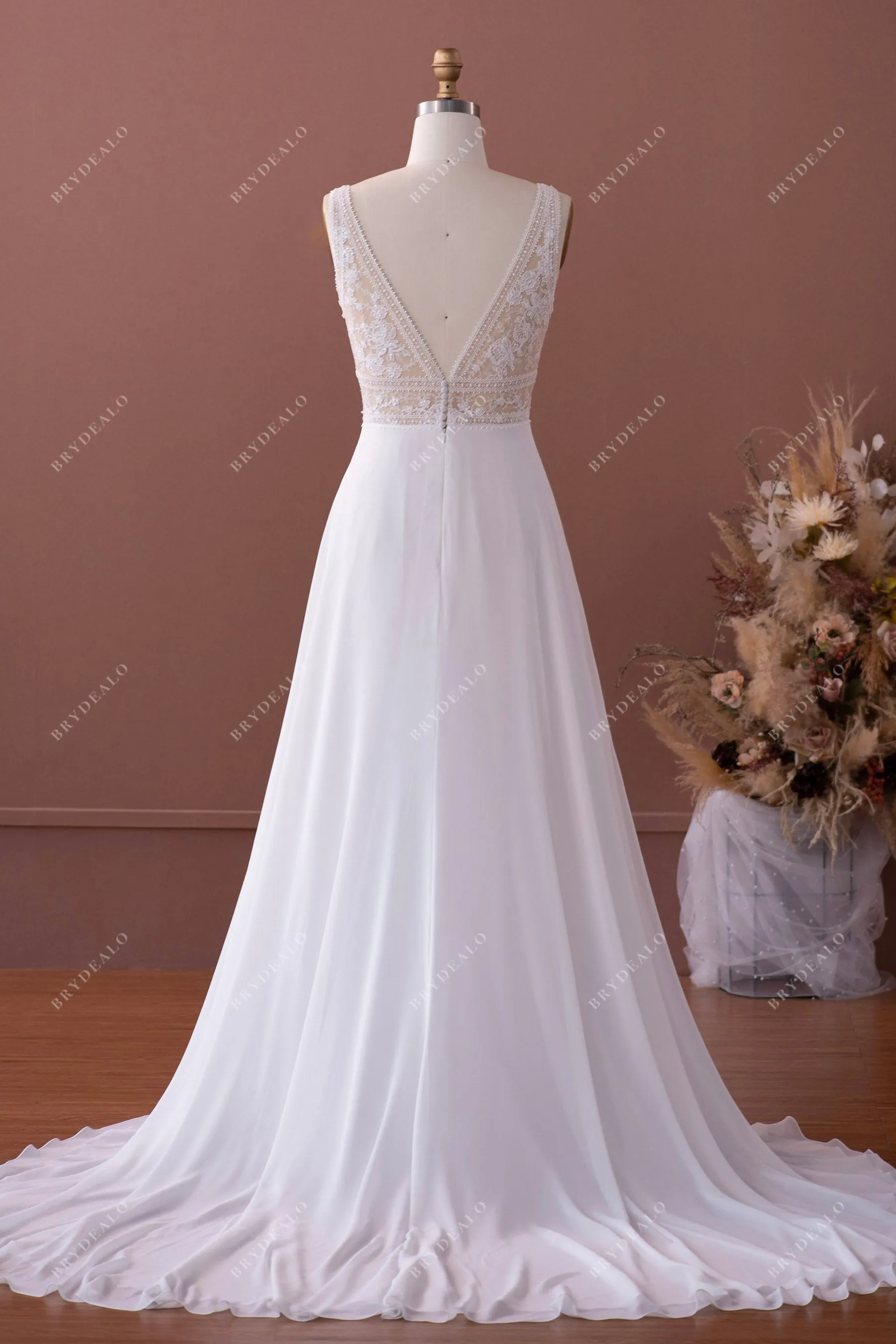 Boho Shimmery Lace V-neck Chiffon Wedding Dress