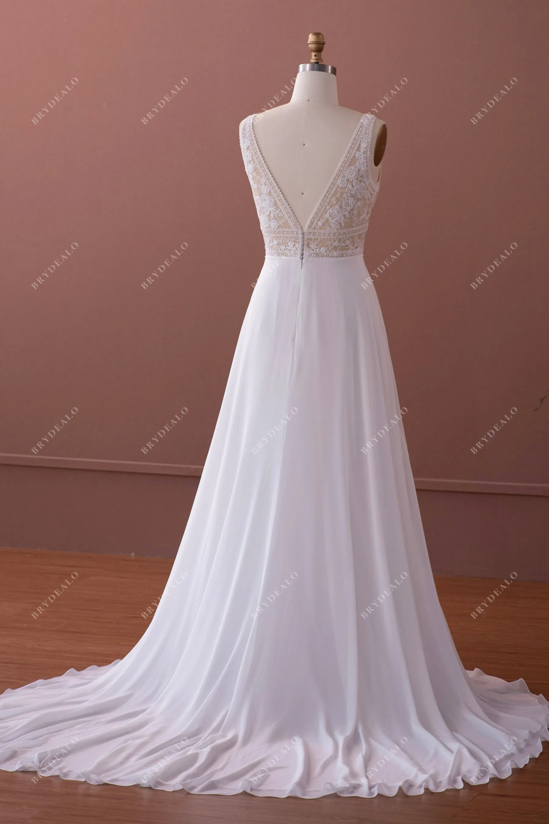 Boho Shimmery Lace V-neck Chiffon Wedding Dress