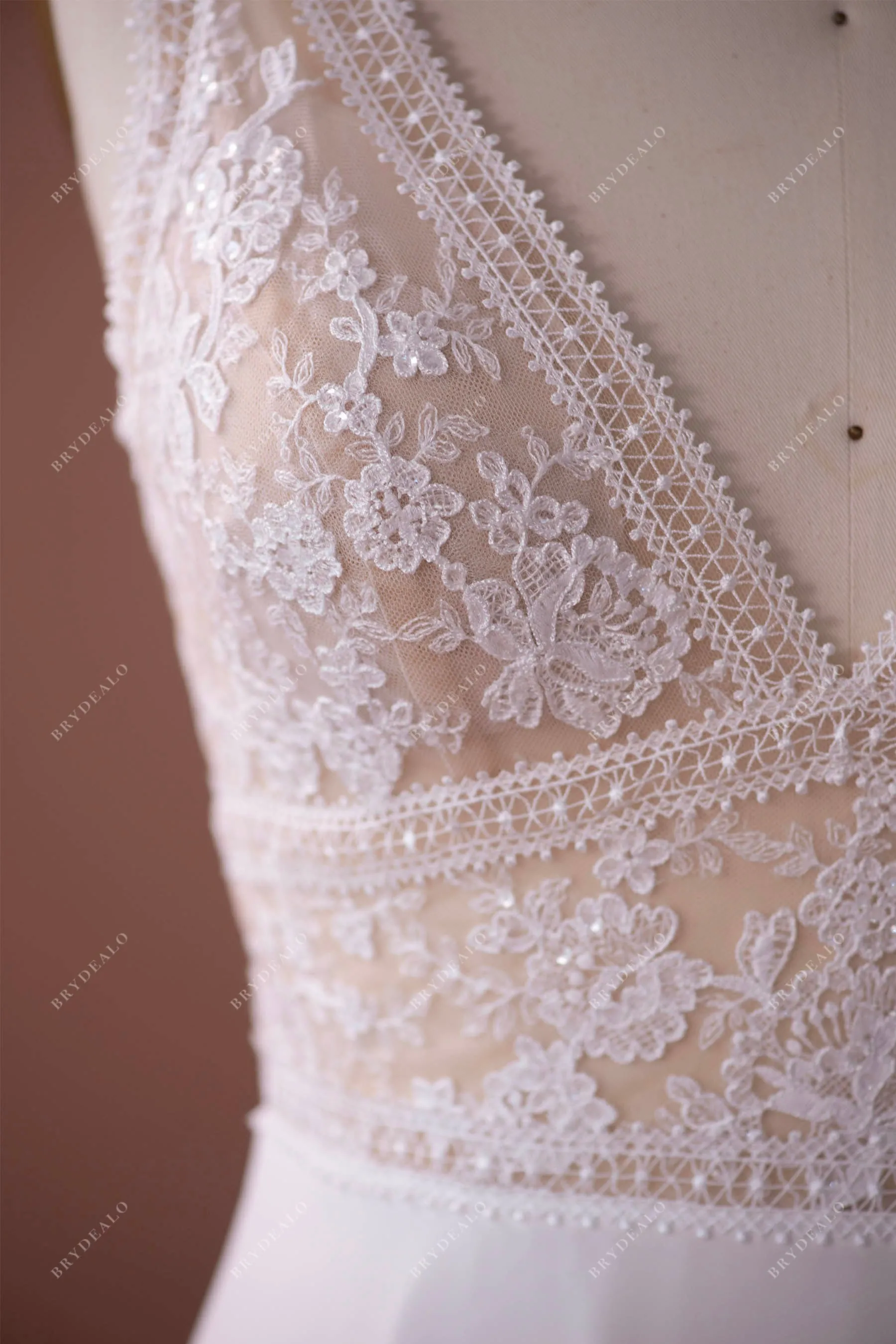 Boho Shimmery Lace V-neck Chiffon Wedding Dress