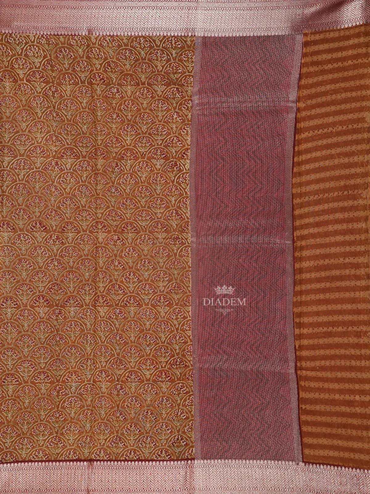 Brown Chanderi Silk Saree with Geometric Floral Design on the Body with Designed Border