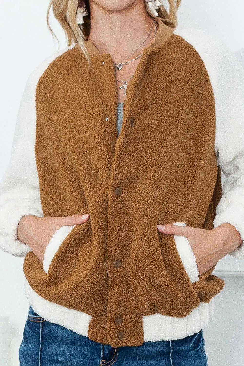 Brown Contrast White Sleeve Snap Button Sherpa Jacket