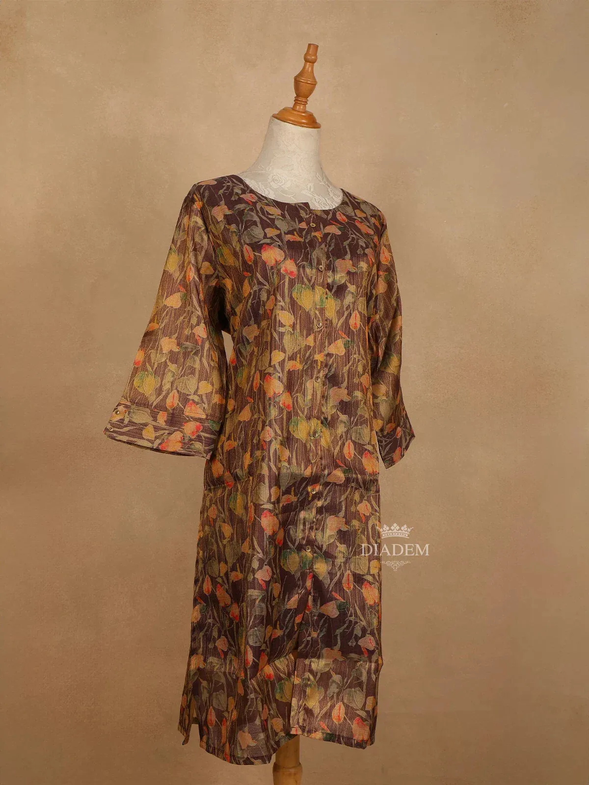 Brown Cotton Kurti Top Adorned with Floral Designs