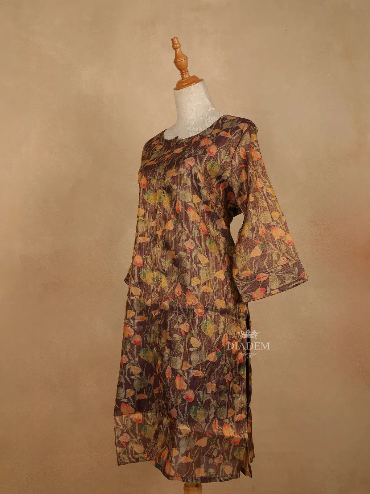 Brown Cotton Kurti Top Adorned with Floral Designs