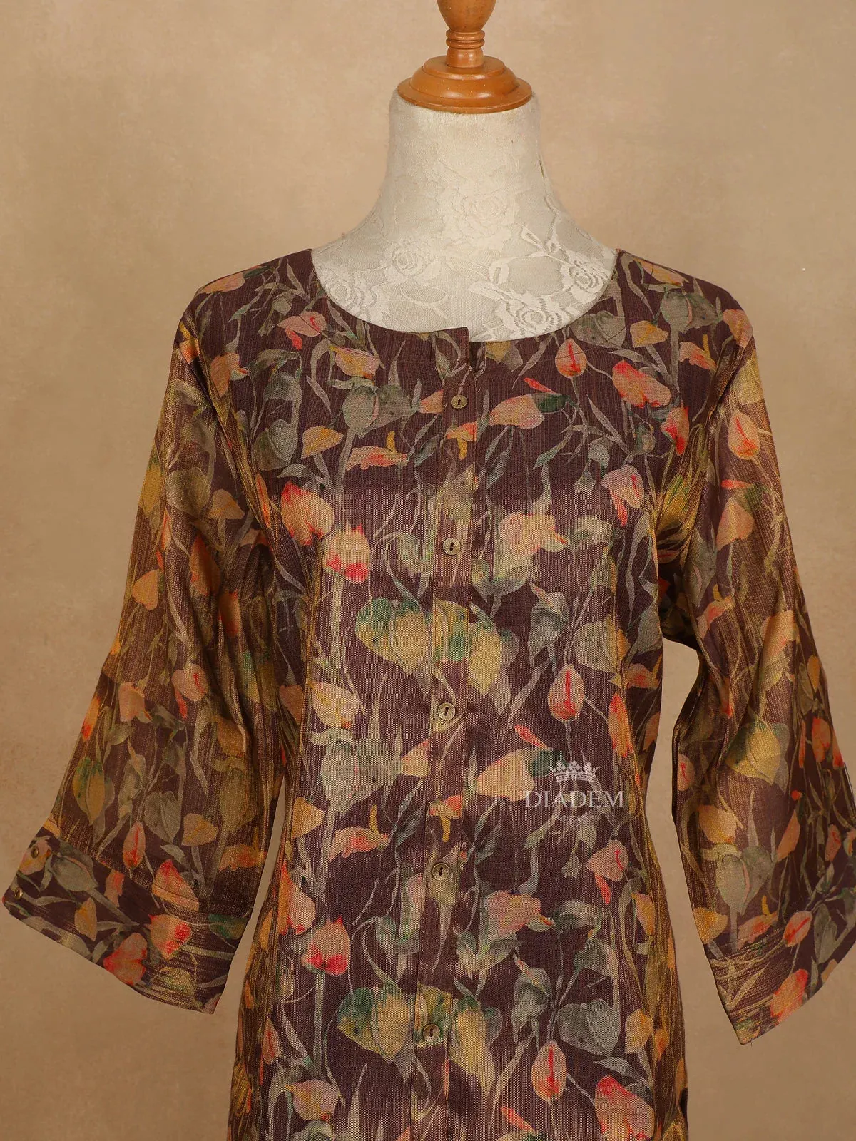 Brown Cotton Kurti Top Adorned with Floral Designs