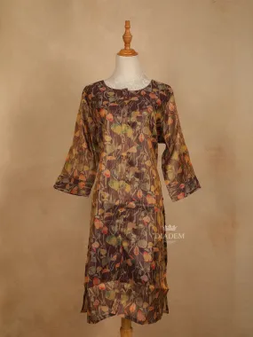 Brown Cotton Kurti Top Adorned with Floral Designs