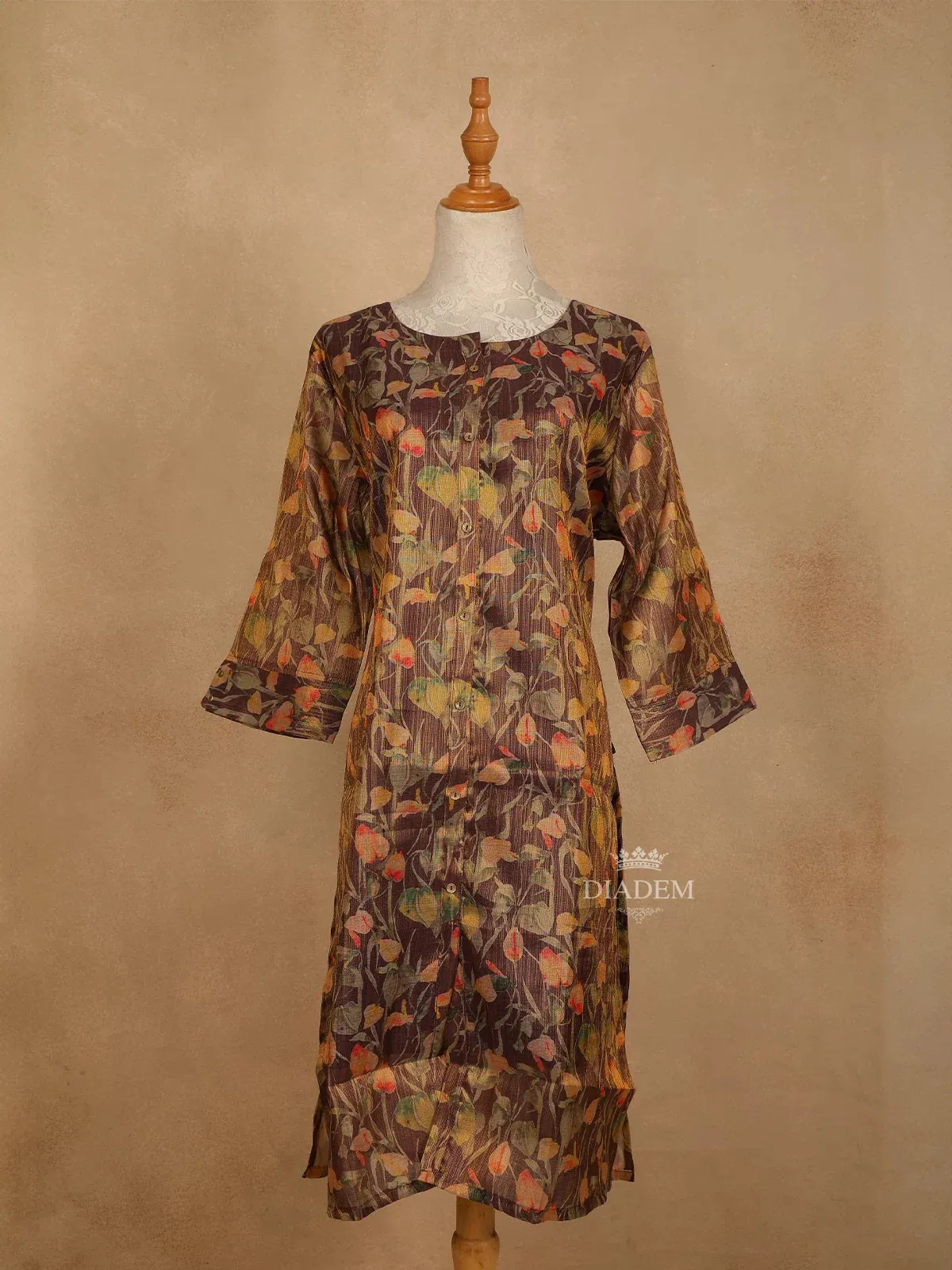 Brown Cotton Kurti Top Adorned with Floral Designs