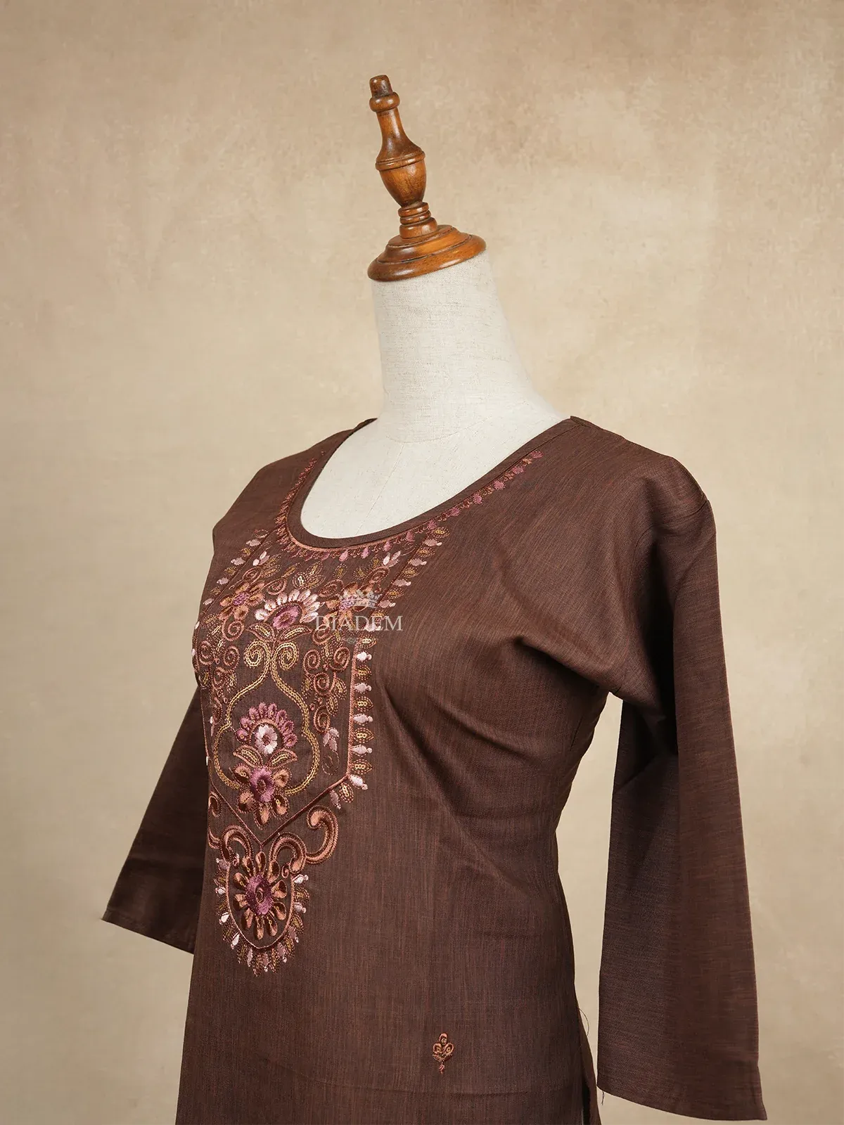 Brown Cotton Kurtis Embellished with Sequins and Embroidery Floral Designs without Dupatta