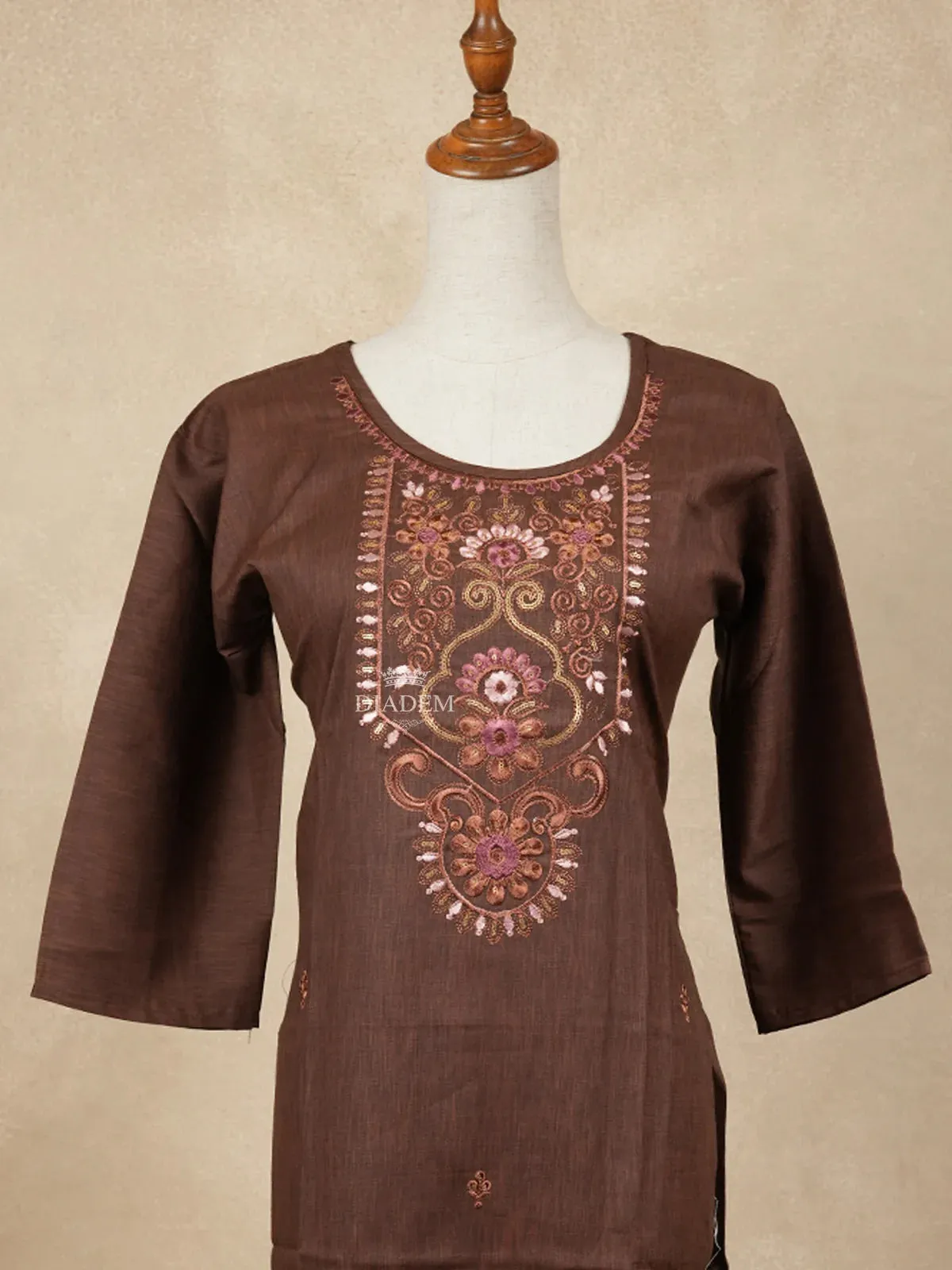 Brown Cotton Kurtis Embellished with Sequins and Embroidery Floral Designs without Dupatta