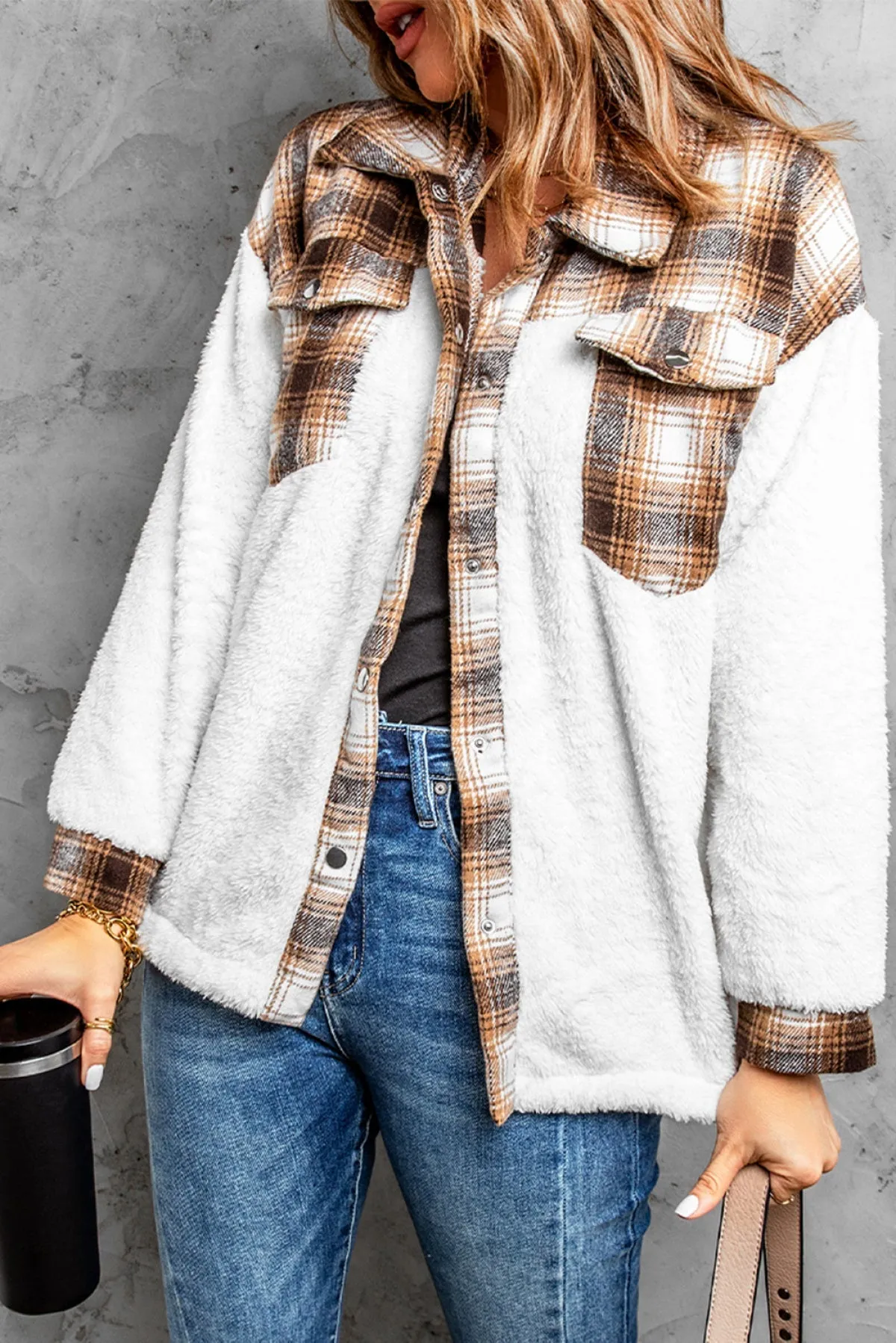 Brown Plaid Patchwork Buttoned Pocket Sherpa Jacket