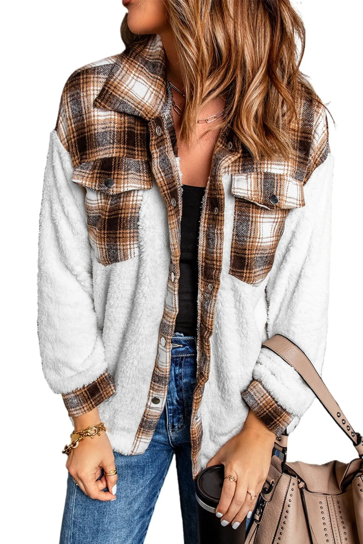 Brown Plaid Patchwork Buttoned Pocket Sherpa Jacket