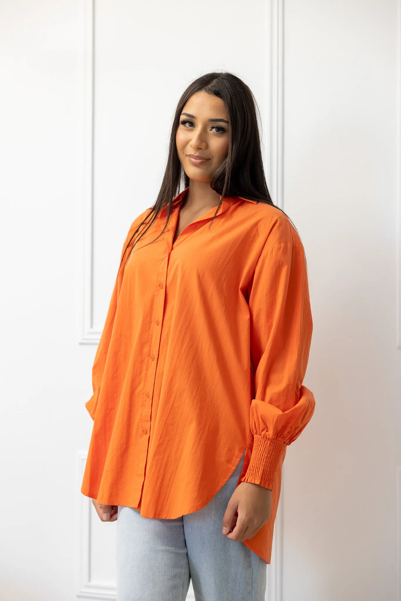 Cotton Oversize Shirring Cuffs Shirt