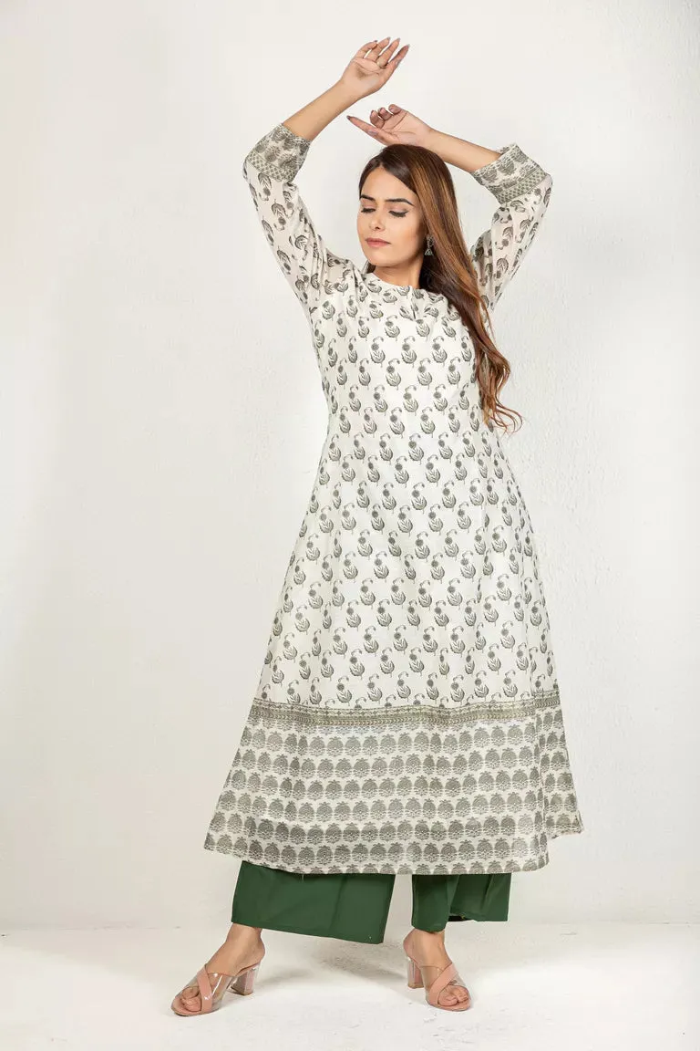 Cream & Olive Green Chanderi Kurta