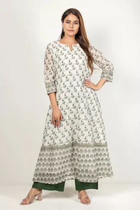 Cream & Olive Green Chanderi Kurta