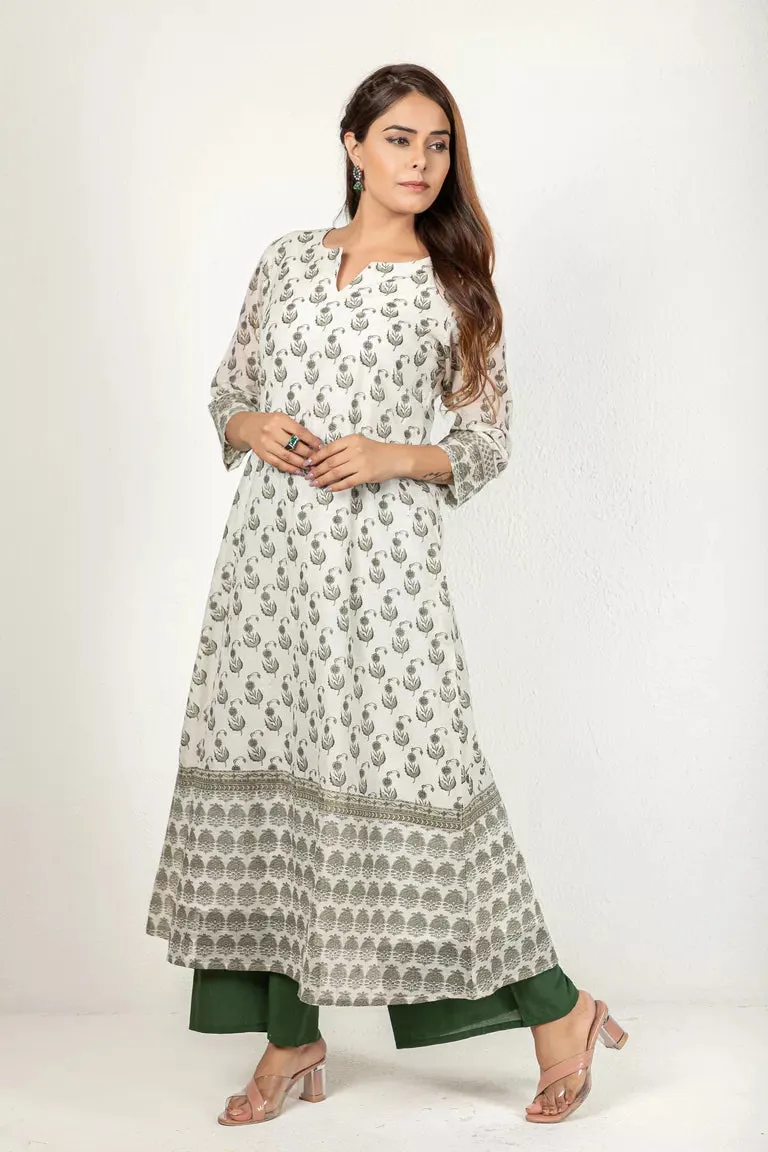 Cream & Olive Green Chanderi Kurta