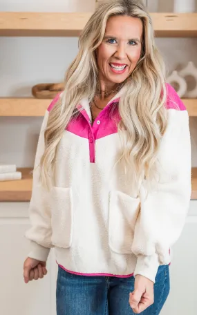 Cream Sherpa Jacket w/ a Pop of Fuchsia - Final Sale*