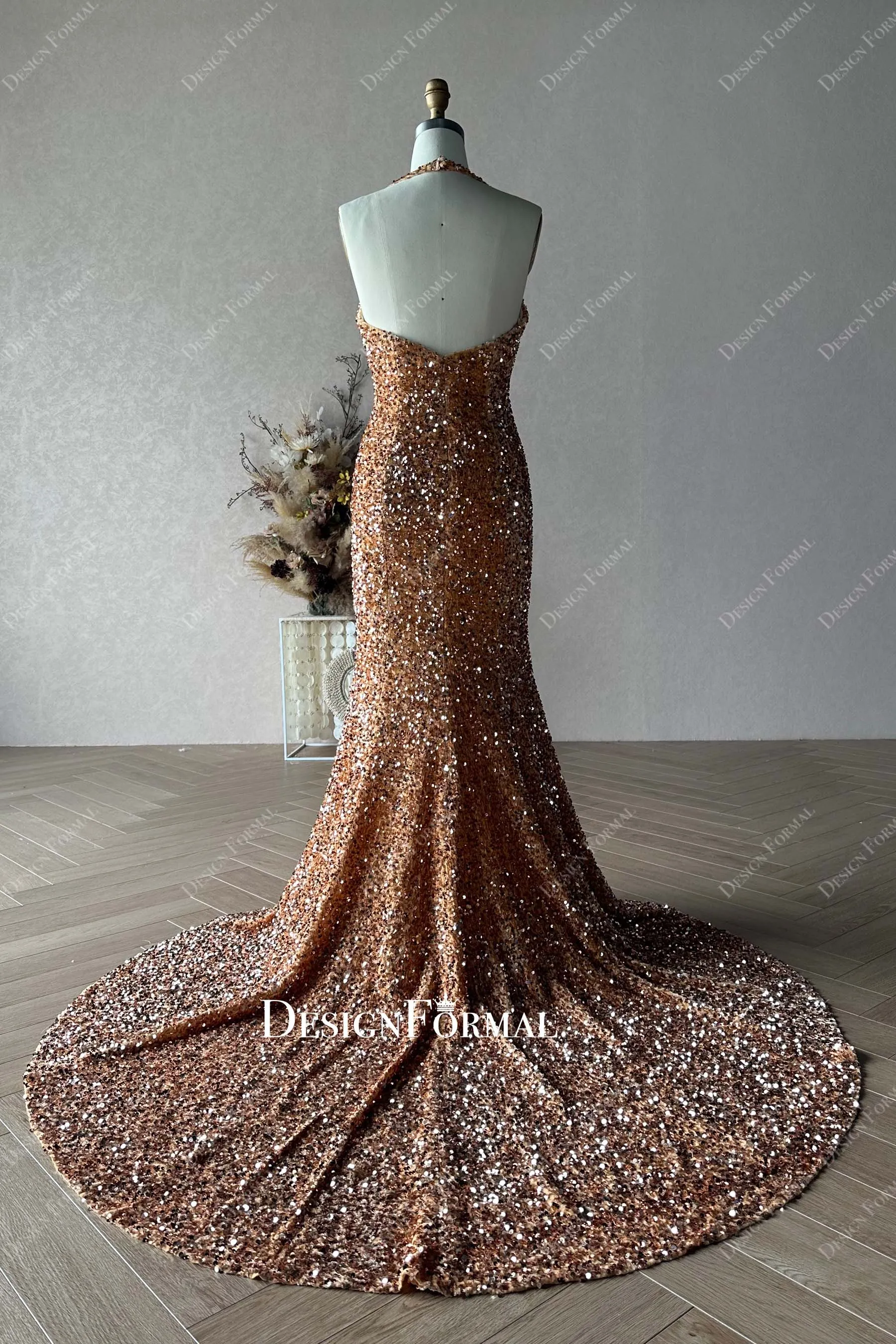 Custom Sparkly Sequin Gold Mermaid Halter Prom Dress