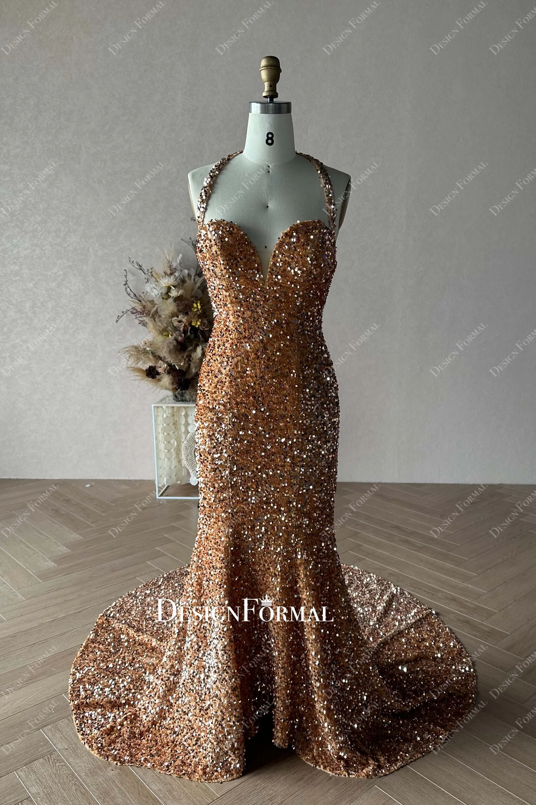 Custom Sparkly Sequin Gold Mermaid Halter Prom Dress