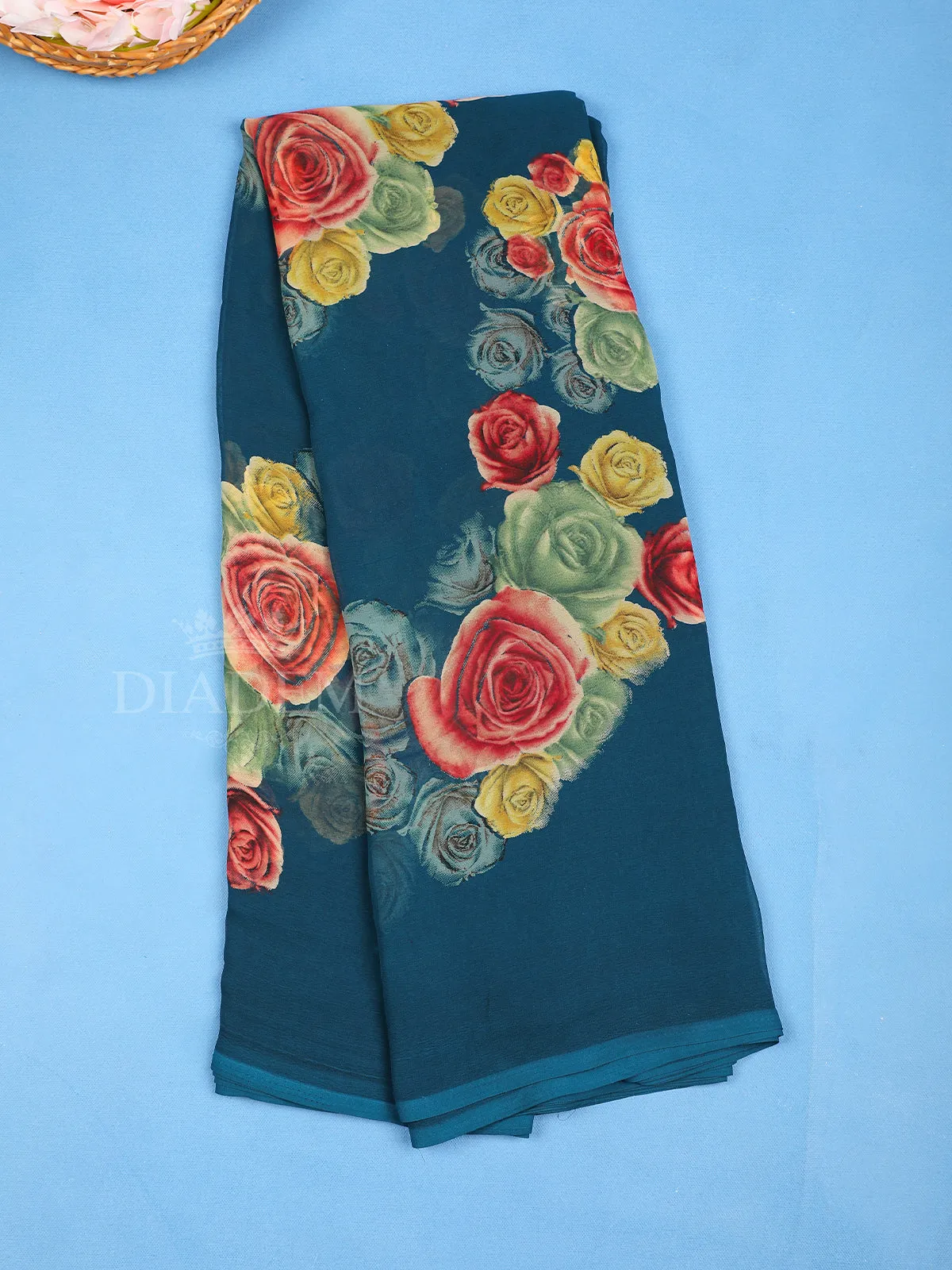 Dark Blue Floral Printed Georgette Saree