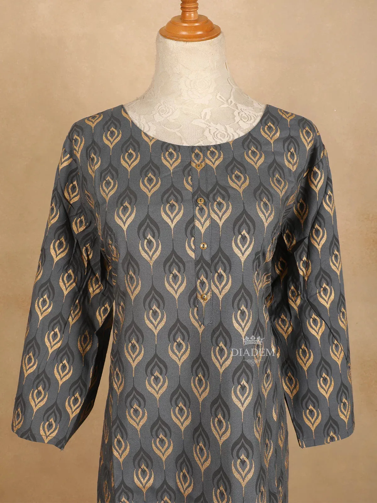 Dark Grey Cotton Adorned with Design Prints, with 3/4 sleeves and U-neck