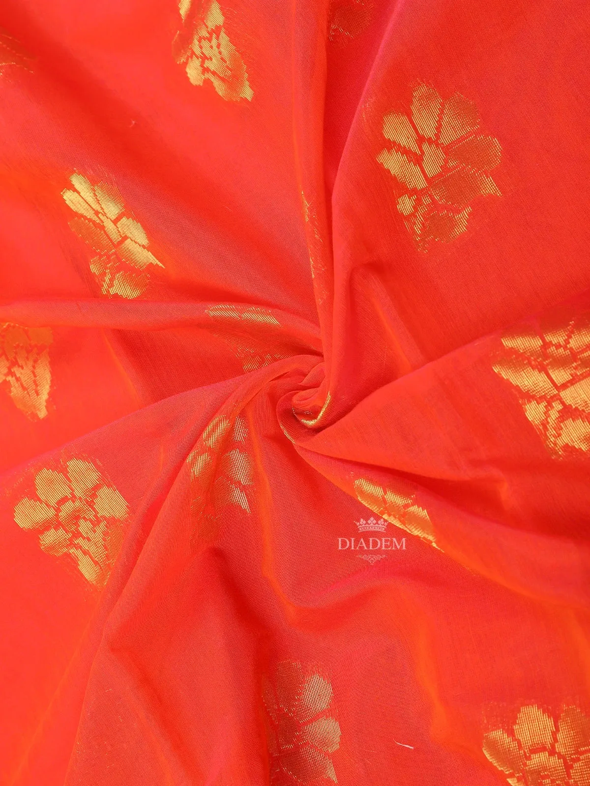 Dark Orange Silk Cotton Saree with Flower Motif on the Body with Contrast Designed Border