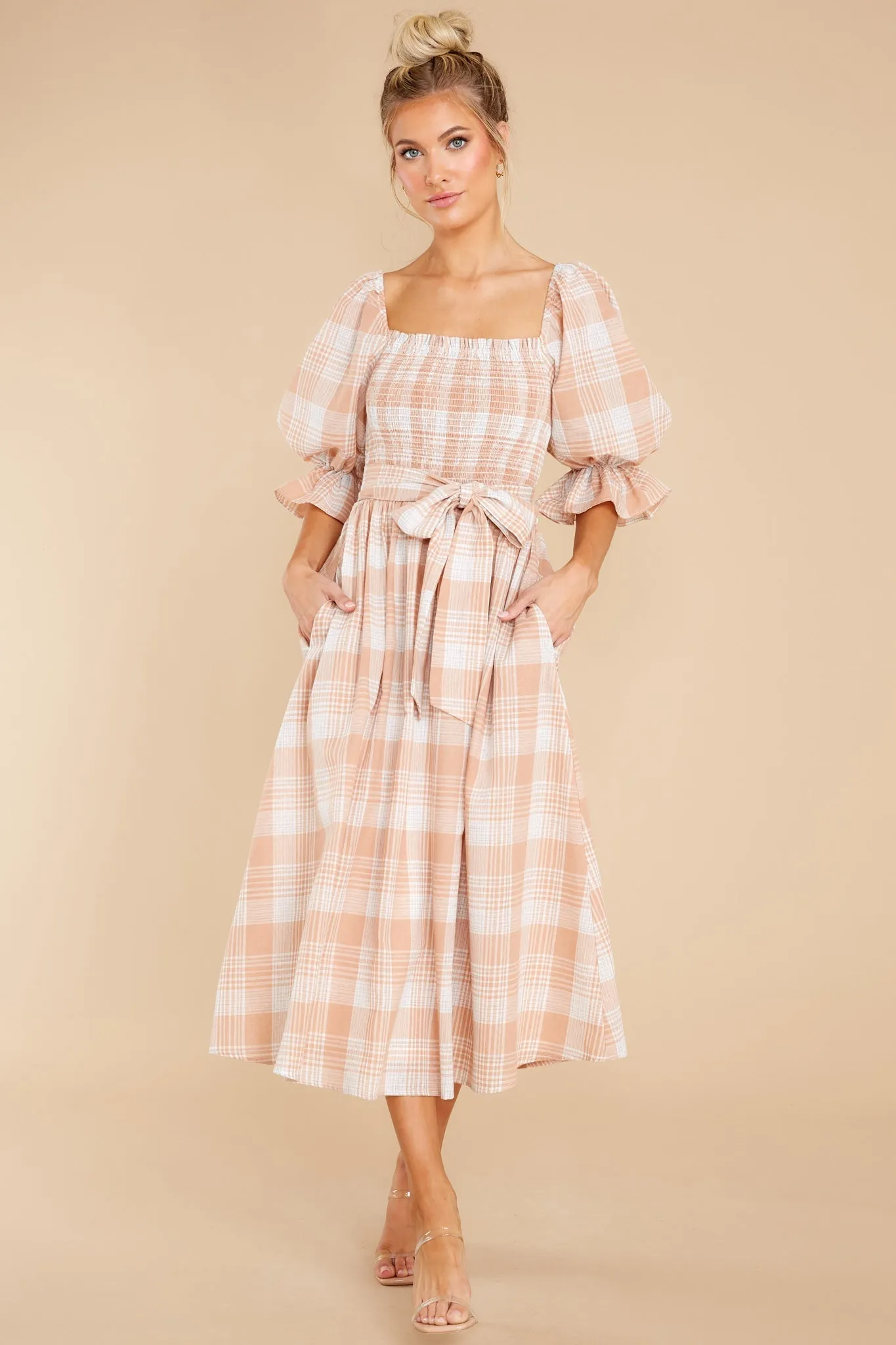 Daydreaming About Me Peach Plaid Midi Dress