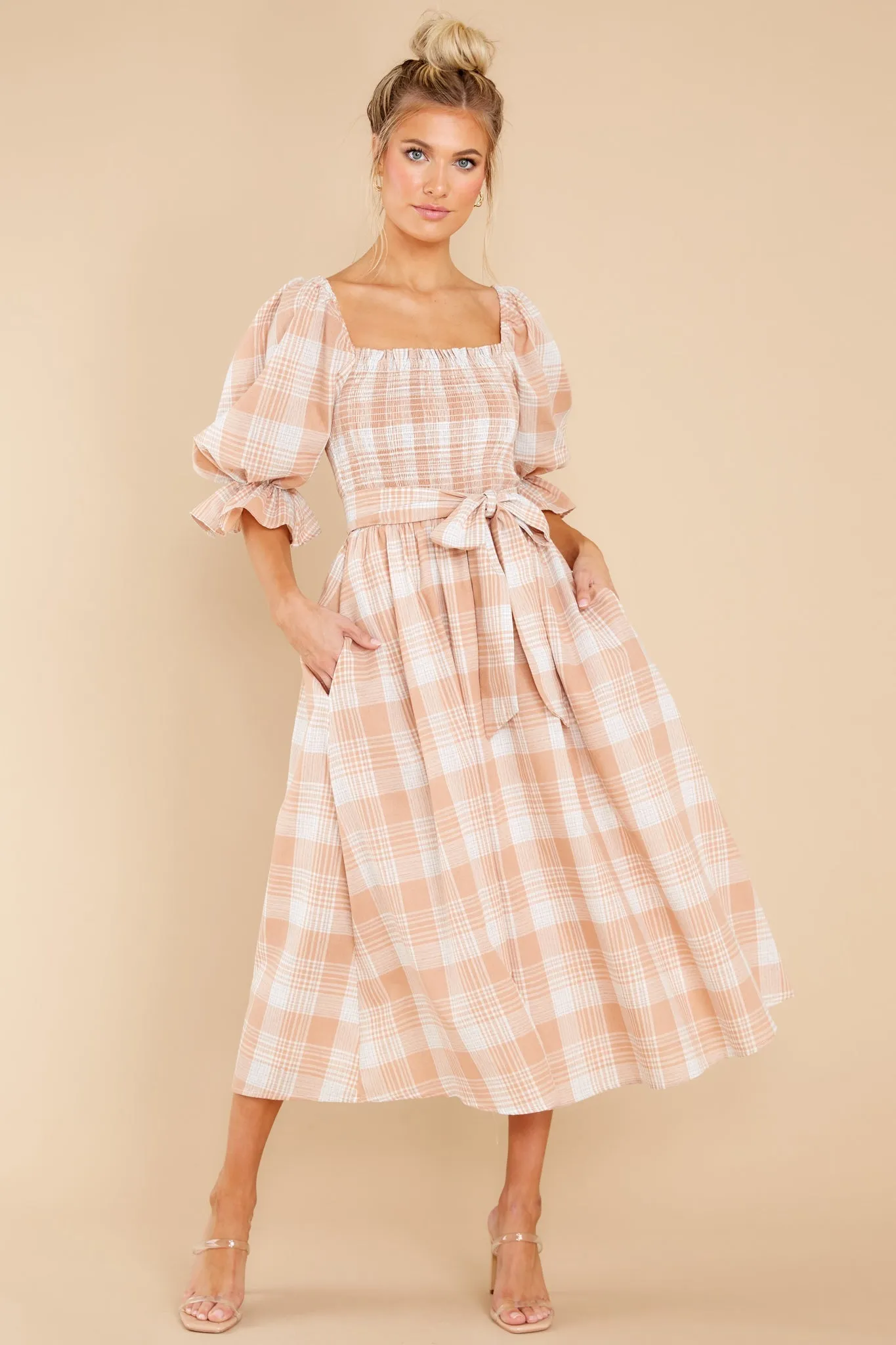 Daydreaming About Me Peach Plaid Midi Dress