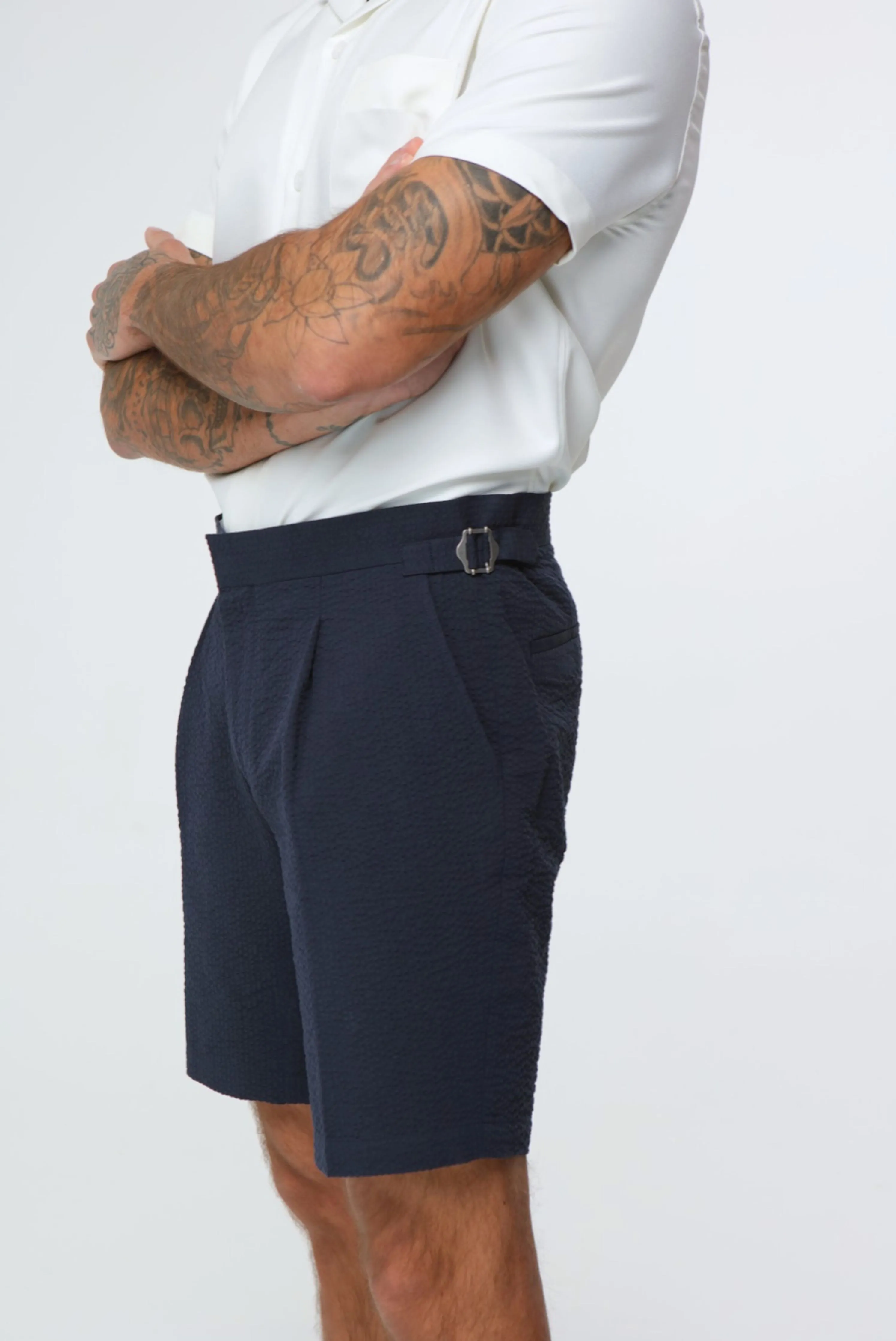 DEAKIN Cotton Linen Seersucker Shorts Navy Blue