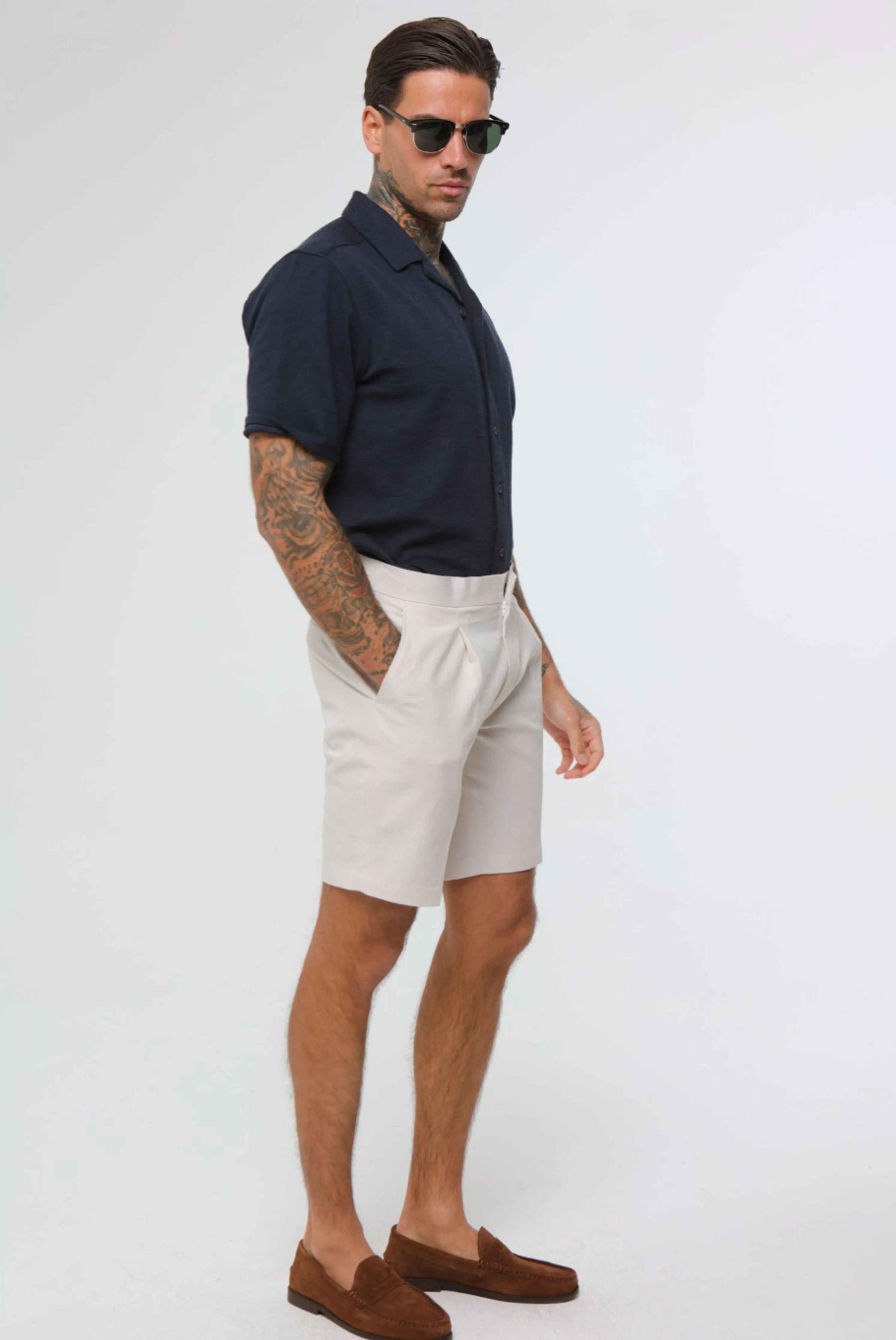 DECORATE Cotton Linen Blend Shorts in Stone