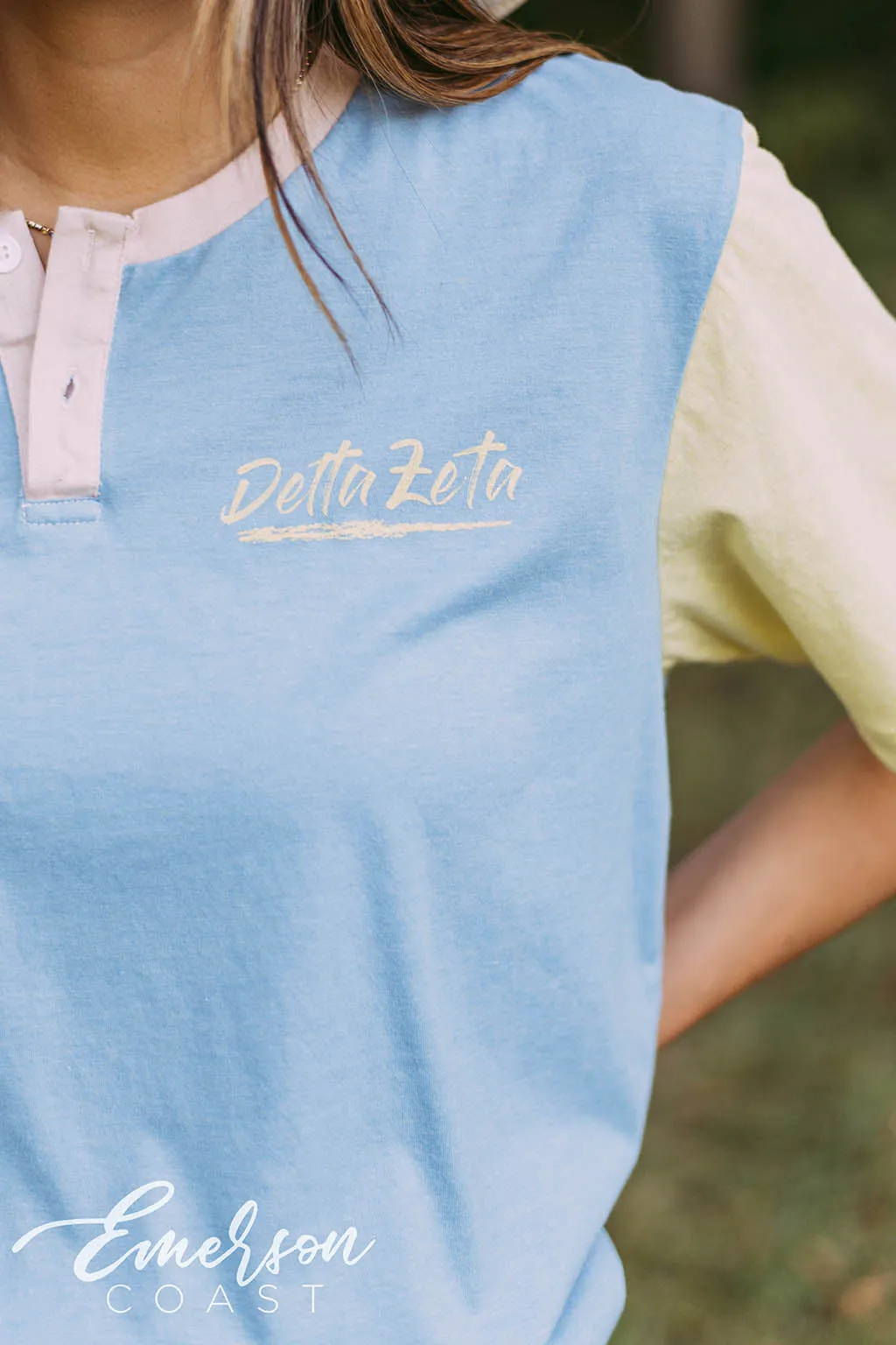 Delta Zeta Light Blue and Yellow Colorblock Henley