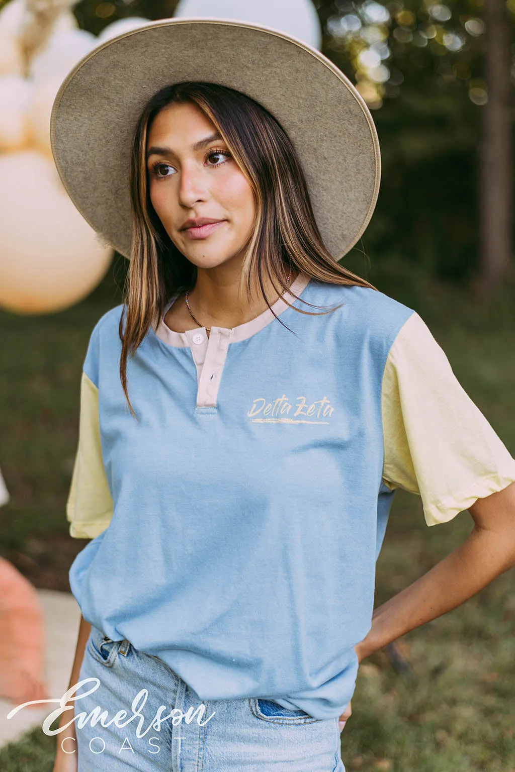 Delta Zeta Light Blue and Yellow Colorblock Henley